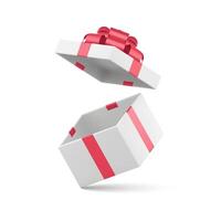 White flying wrapped gift box with open lid and red bow ribbon empty pack 3d icon realistic vector