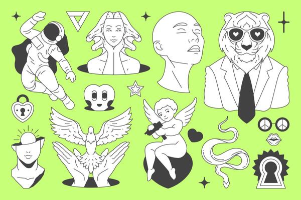 Y2k contemporary pop art retro groovy concept minimal black line icon set flat illustration