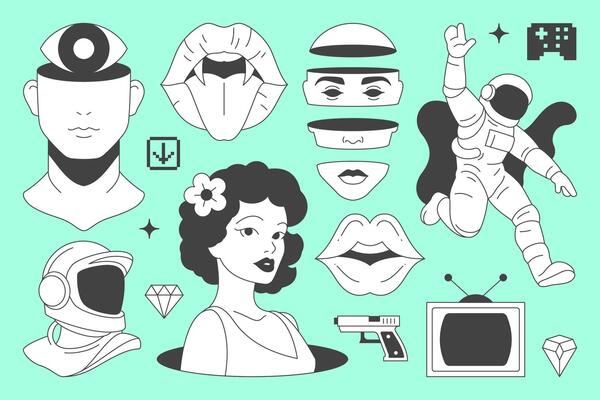Y2k psychedelic comic minimal line icon contemporary pop art concept set flat illustration