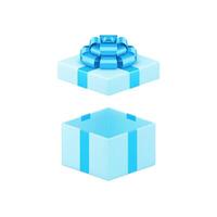 Blue open squared empty gift box with premium bow ribbon festive present 3d icon realistic vector