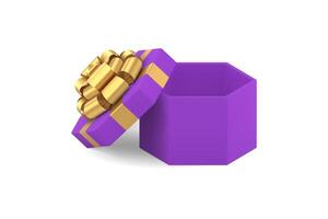 Purple elegant empty gift box with open lid and luxury golden bow ribbon 3d icon realistic vector