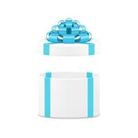 White elegant circle gift box with open cap and stylish blue bow ribbon 3d icon realistic vector