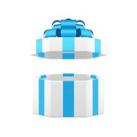 White hexagonal open gift box with blue bow ribbon present package 3d icon realistic vector