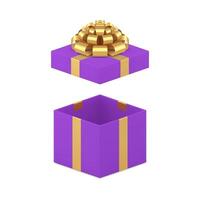 Purple squared gift box with open cap and golden bow ribbon 3d icon realistic illustration vector