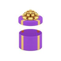 Festive circle violet gift box with open cap and golden bow ribbon 3d icon realistic vector