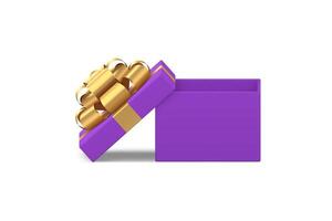 Luxury violet squared open gift box with golden bow ribbon 3d icon realistic illustration vector