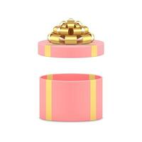 Elegant circle pink gift box with open cap and premium bow ribbon 3d icon realistic vector