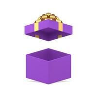 Purple squared empty gift box with open cap and golden bow ribbon 3d icon realistic vector