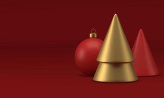 Christmas festive showcase 3d banner toy spruce ball and cone pyramid on red studio realistic vector