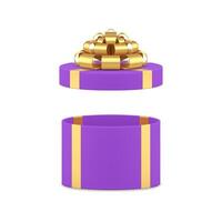 Purple circle empty gift box with open cap golden luxury bow ribbon 3d icon realistic vector