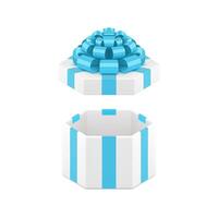 Elegant white hexagonal gift box with open cap and luxury blue bow ribbon 3d icon realistic vector