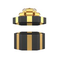 Black stylish luxury wrapped open gift box with golden bow ribbon 3d icon realistic vector