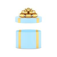 Blue circle gift box present package with open cap and golden bow ribbon 3d icon realistic vector