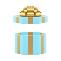 Blue elegant hexagonal open gift box with luxury golden bow ribbon 3d icon realistic vector