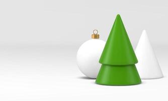 Elegant Christmas banner with 3d toy green spruce ball on white studio background realistic vector