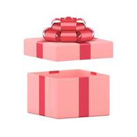 Pink squared open gift box with red bow ribbon feminine present 3d icon realistic vector