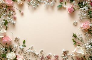 Delicate arrangement of pink roses and gypsophila on a light surface for a serene floral display photo