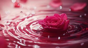 A pink rose surrounded by splashing water drops in a serene, red petal-filled setting photo
