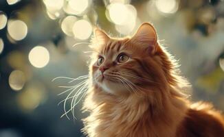 A golden cat gazes thoughtfully in a sunlit garden surrounded by twinkling lights photo