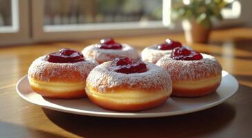 Freshly baked pastries with cherries in a sunlit kitchen setting during the afternoon photo