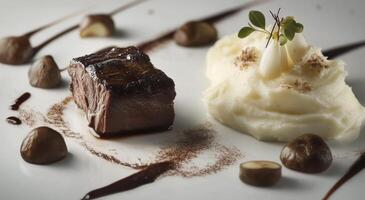 Beef tenderloin with roasted mushrooms on creamy mashed potatoes at a gourmet restaurant photo