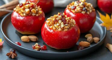 Baked apples with nuts and dried fruits served on a festive table during the holiday season photo