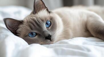 A serene cat with striking blue eyes rests comfortably on a soft white bedspread in daylight photo