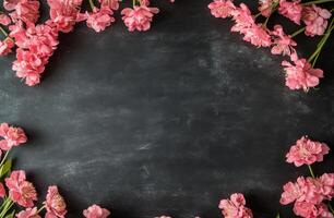 Delicate pink flowers arranged on a chalkboard for a creative and vibrant presentation background photo