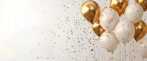 Celebrate with golden and white balloons surrounded by sparkling confetti at a festive event photo