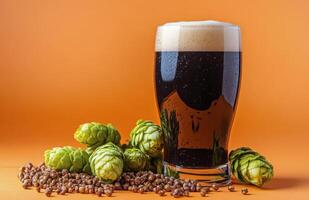 Rich dark beer served in a glass next to fresh hops and grains on orange backdrop photo