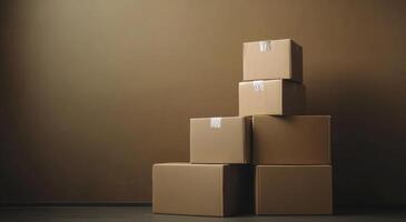 Bright and airy room with stacked boxes and a plant in warm afternoon sunlight photo