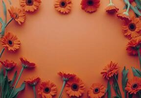 Vibrant red flowers arranged in a circular pattern against a soft orange background photo
