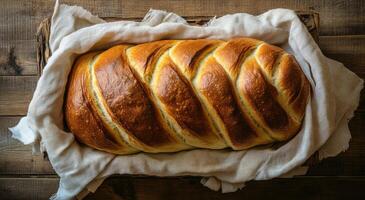 Freshly baked braided bread resting on a cloth in a rustic wooden setting photo