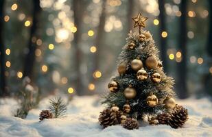 Beautifully decorated Christmas tree in a snowy forest with glowing lights at dusk photo