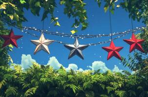 Colorful hanging stars in a serene forest setting during daylight photo