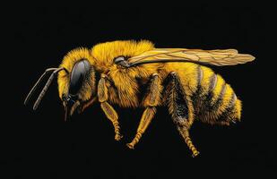Detailed close-up of a vibrant yellow bee on a black background in natural light photo