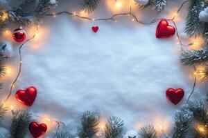 Festive holiday decoration with red hearts, lights, and snow creating a cheerful atmosphere photo