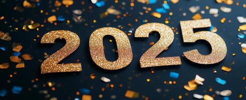 Celebration of the New Year 2025 with golden confetti on a dark background photo