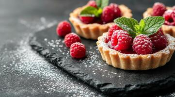Delicious raspberry tarts with fresh mint displayed on a dark slate board photo