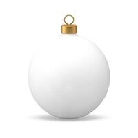 Elegant white Christmas ball toy with golden loop for hanging on spruce 3d icon realistic vector