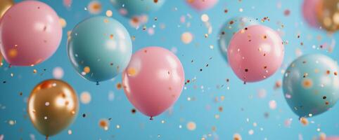 Colorful balloons and confetti filling the air at a festive celebration with a blue background photo