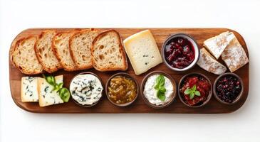 Artfully arranged selection of cheeses, spreads, and bread on a wooden board for a gourmet tasting photo