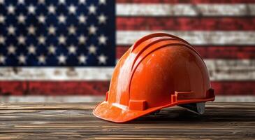 Red hard hat resting on a wooden table in front of an American flag backdrop indoors photo