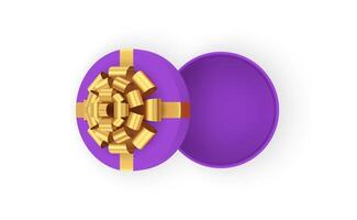 Elegant purple open empty gift box with luxury golden bow ribbon top view 3d icon realistic vector