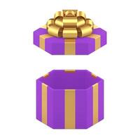 Violet open hexagonal gift box with premium bow ribbon festive package 3d icon realistic vector