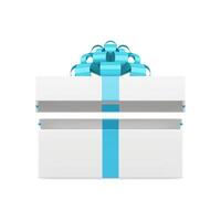 Elegant white rectangular gift box with open lid and blue bow ribbon 3d icon realistic vector