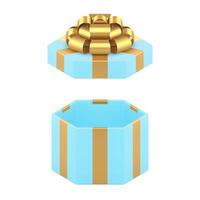 Blue empty gift box with open lid and golden luxury bow ribbon 3d icon realistic illustration vector