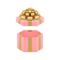 Pink open gift box hexagonal premium package with golden bow ribbon 3d icon realistic vector