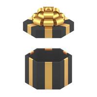 Black empty hexagonal gift box with open lid and luxury golden bow ribbon 3d icon realistic vector