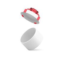 White empty circle gift box with red bow ribbon and open flying lid 3d icon realistic vector